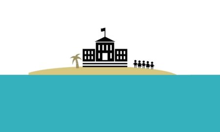 stranded report cover - kids outside school graphic