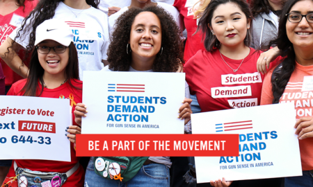 gun violence: Young people hold up signs saying students demand action. Headshot alt text: TAG: MariaVictoria Chacón-Briceño, chapter lead of Students
