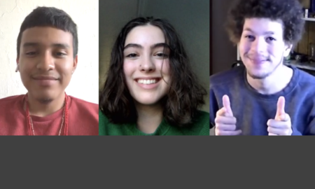 Headshots of three young teens boy in orange shirt, smiling girl with darkk hair & young man with both hands in thunbs upposition