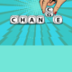 ost: Woman’s hand changes word on blocks from chance to change. illustration in pop art retro comic style