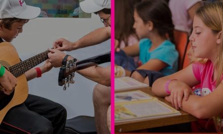 Youth development, education and mentorship grants: boy learning guitar and girls at table learning