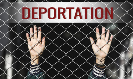 Child care staff deportation: Word "deporation" on sign attached to chain link fence with two arms and hands reaching up holding onto inside of fence