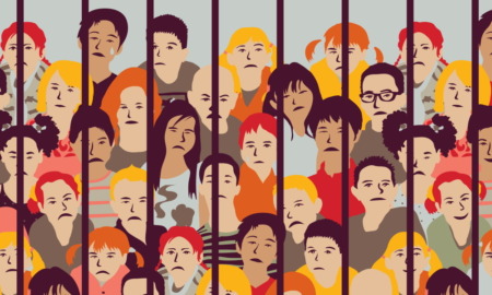Podcasy juvenile justice: illustration of 2 dozen or more ethnically-mixed young people's faces packed together behind prison cell bars