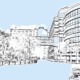 College DOGE cuts: Outline drawing of a college campus black ink on white with blue highlights & sky